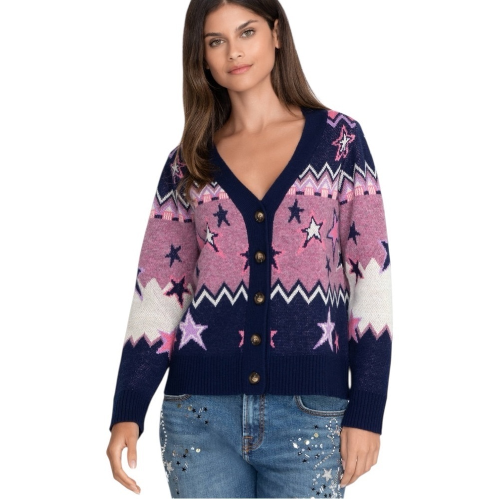 Johnny Was Shana Metallic Pink Purple Colorblock Star Wool Cardigan Sweater